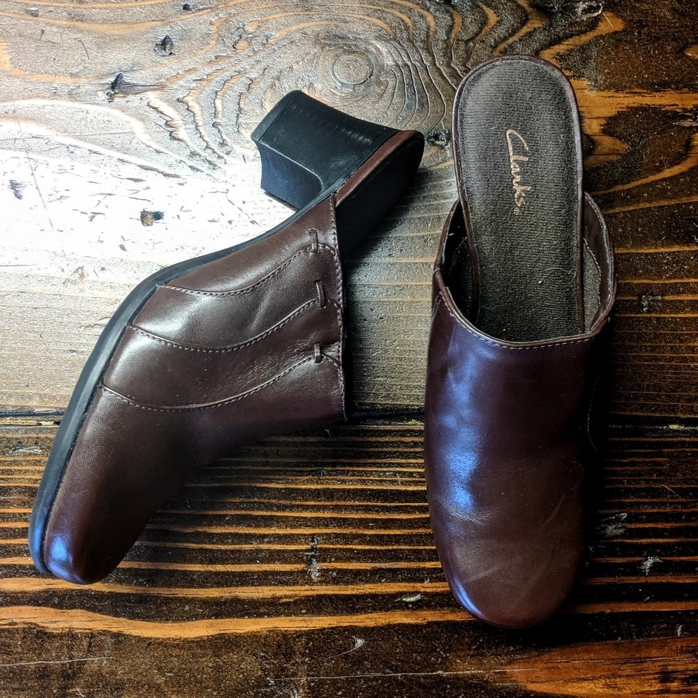 Clarks | Brown Leather Mules